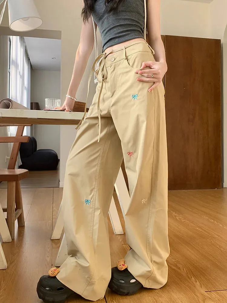 Bow Embroidery Lace-Up Baggy Summer 90s Y2k Streetwear Casual Wide Leg Pants