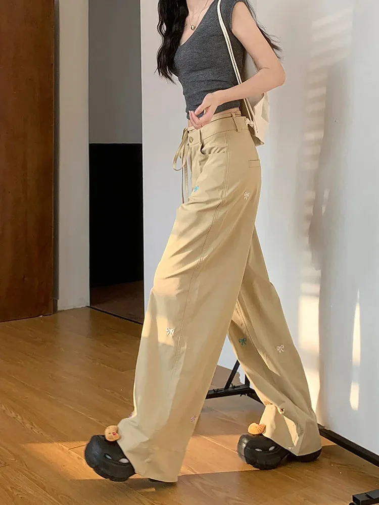 Bow Embroidery Lace-Up Baggy Summer 90s Y2k Streetwear Casual Wide Leg Pants