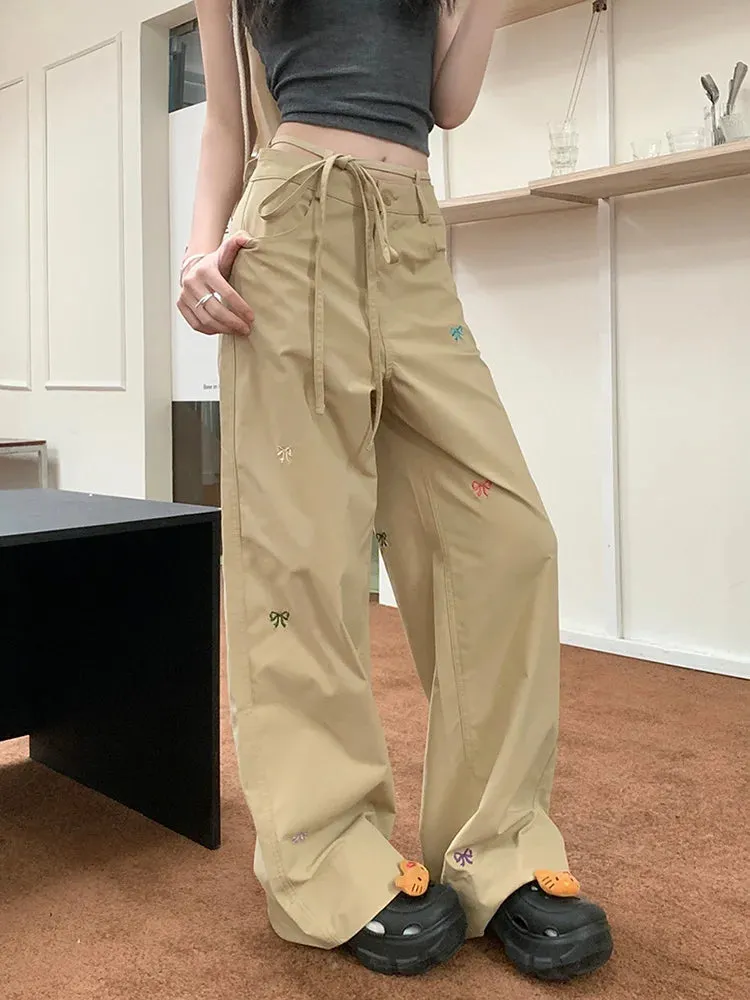 Bow Embroidery Lace-Up Baggy Summer 90s Y2k Streetwear Casual Wide Leg Pants