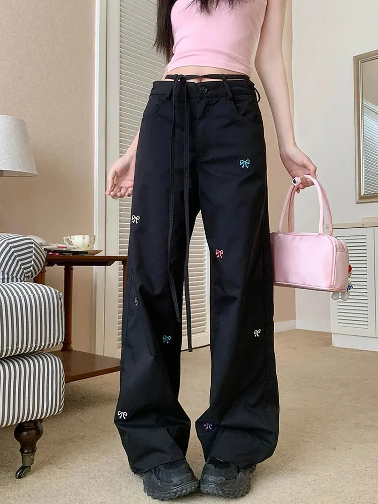 Bow Embroidery Lace-Up Baggy Summer 90s Y2k Streetwear Casual Wide Leg Pants