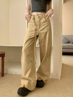 Bow Embroidery Lace-Up Baggy Summer 90s Y2k Streetwear Casual Wide Leg Pants