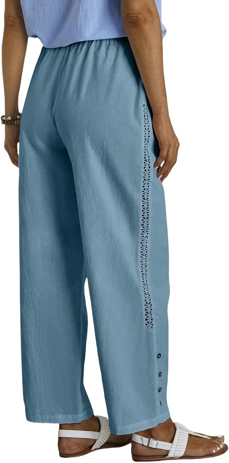 High Waisted Linen Pants Women Summer Drawstring Elastic Waist Wide Leg Pants Casual Loose Beach Relaxed Fit Trousers