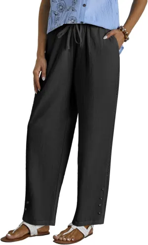 High Waisted Linen Pants Women Summer Drawstring Elastic Waist Wide Leg Pants Casual Loose Beach Relaxed Fit Trousers