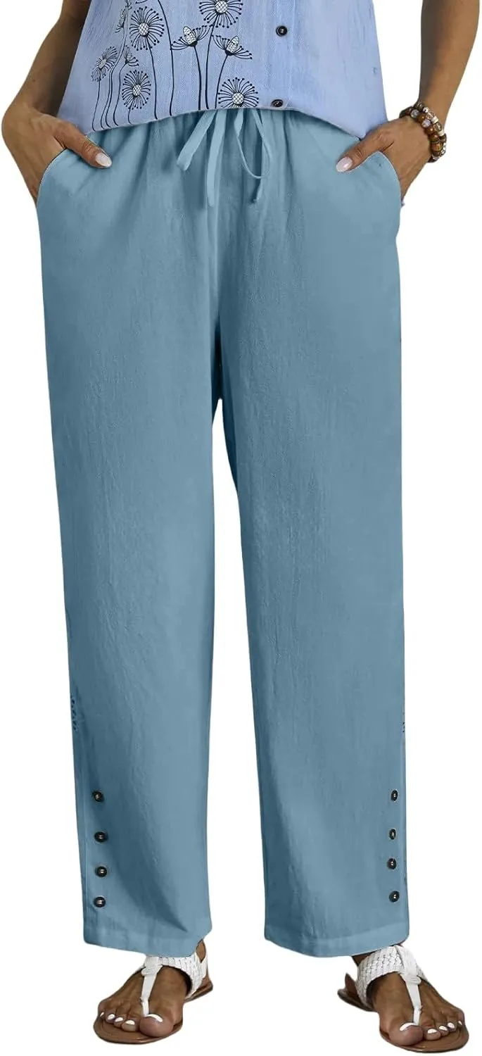 High Waisted Linen Pants Women Summer Drawstring Elastic Waist Wide Leg Pants Casual Loose Beach Relaxed Fit Trousers