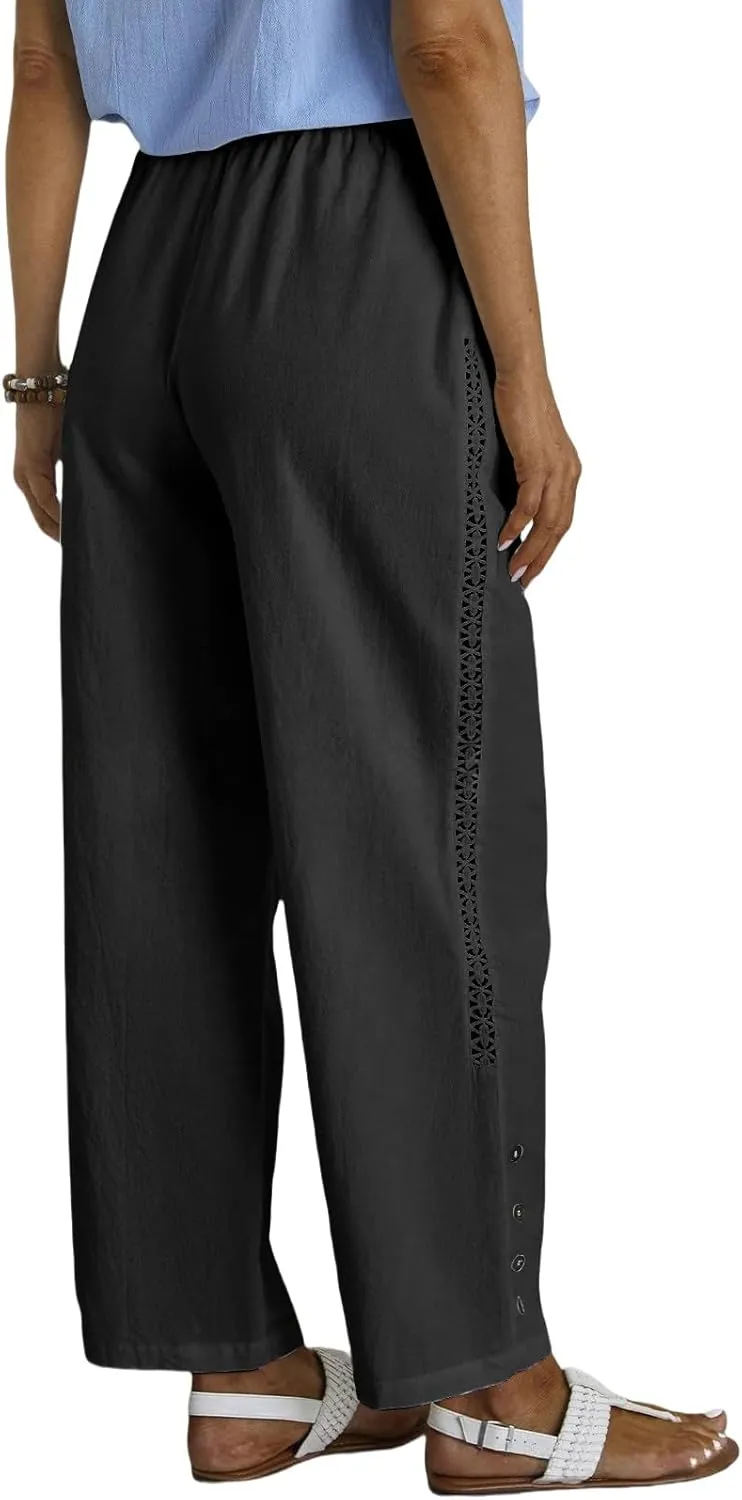 High Waisted Linen Pants Women Summer Drawstring Elastic Waist Wide Leg Pants Casual Loose Beach Relaxed Fit Trousers