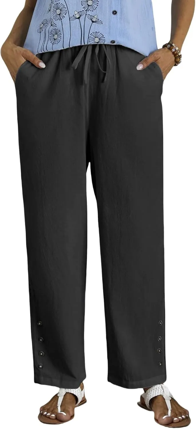 High Waisted Linen Pants Women Summer Drawstring Elastic Waist Wide Leg Pants Casual Loose Beach Relaxed Fit Trousers