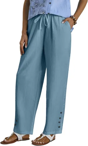 High Waisted Linen Pants Women Summer Drawstring Elastic Waist Wide Leg Pants Casual Loose Beach Relaxed Fit Trousers
