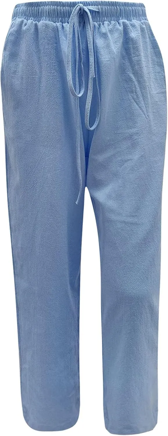 High Waisted Linen Pants Women Summer Drawstring Waist Wide Leg Loose Palazzo Pants Casual Beach Trousers with Pocket
