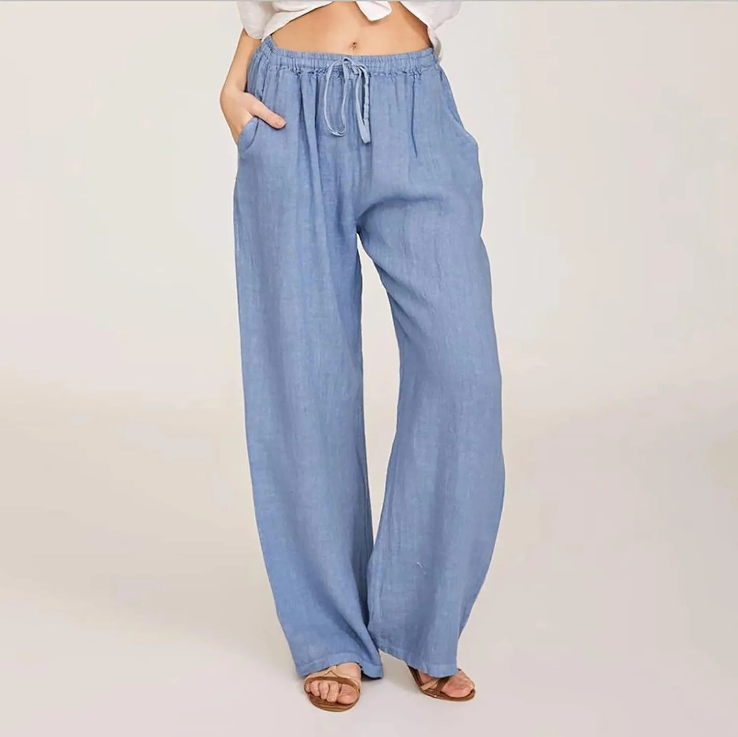 High Waisted Linen Pants Women Summer Drawstring Waist Wide Leg Loose Palazzo Pants Casual Beach Trousers with Pocket