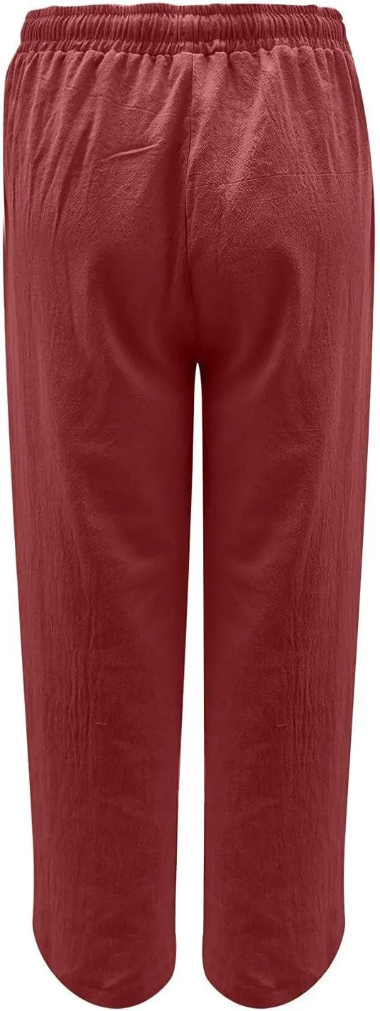 High Waisted Linen Pants Women Summer Drawstring Waist Wide Leg Loose Palazzo Pants Casual Beach Trousers with Pocket