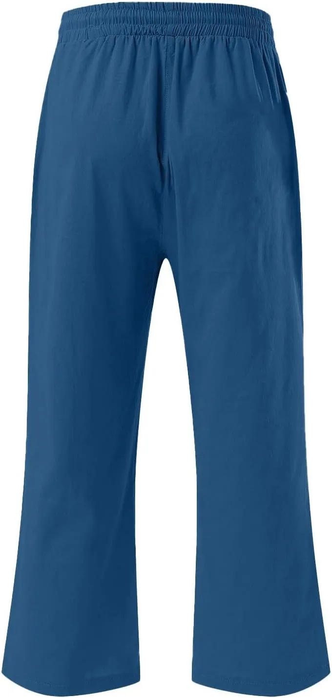 Linen Capris Pants Womens 3/4 Length Cropped Pants Elastic High Waist Summer Work Lounge 3 Quarter Shorts with Pocket
