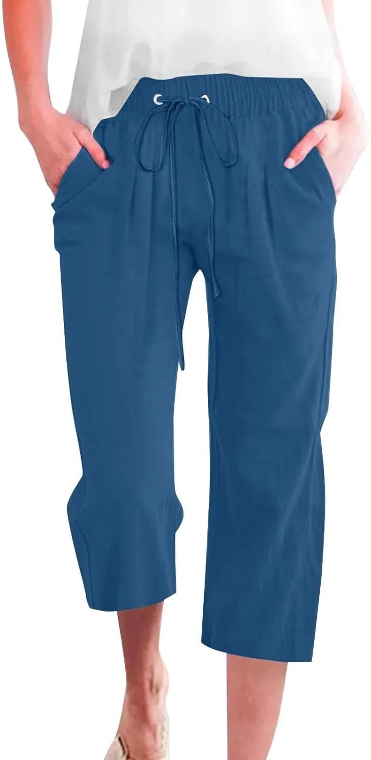 Linen Capris Pants Womens 3/4 Length Cropped Pants Elastic High Waist Summer Work Lounge 3 Quarter Shorts with Pocket
