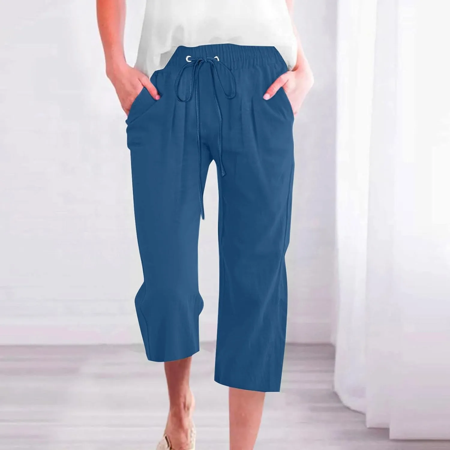 Linen Capris Pants Womens 3/4 Length Cropped Pants Elastic High Waist Summer Work Lounge 3 Quarter Shorts with Pocket