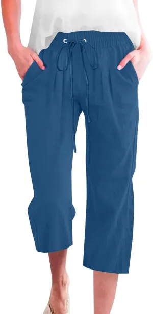 Linen Capris Pants Womens 3/4 Length Cropped Pants Elastic High Waist Summer Work Lounge 3 Quarter Shorts with Pocket