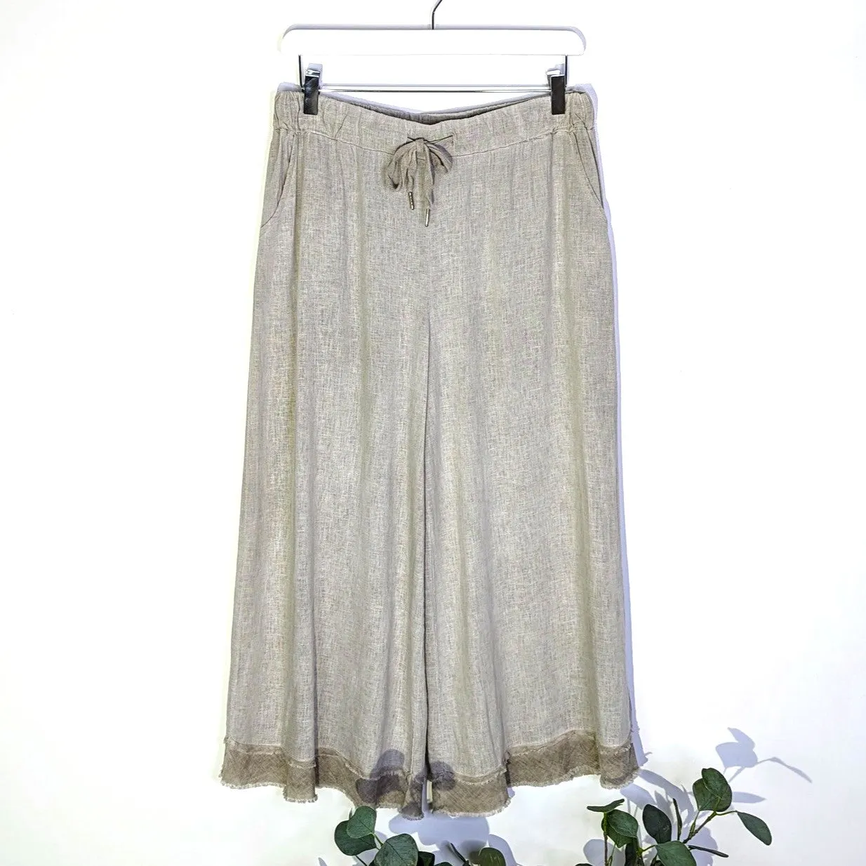Linen viscose mix cropped straight leg vintage trousers with raw edge detail