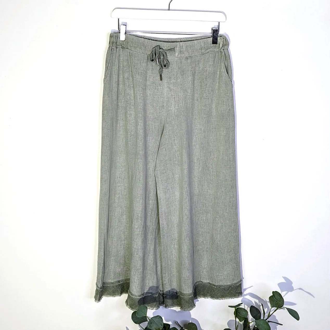 Linen viscose mix cropped straight leg vintage trousers with raw edge detail