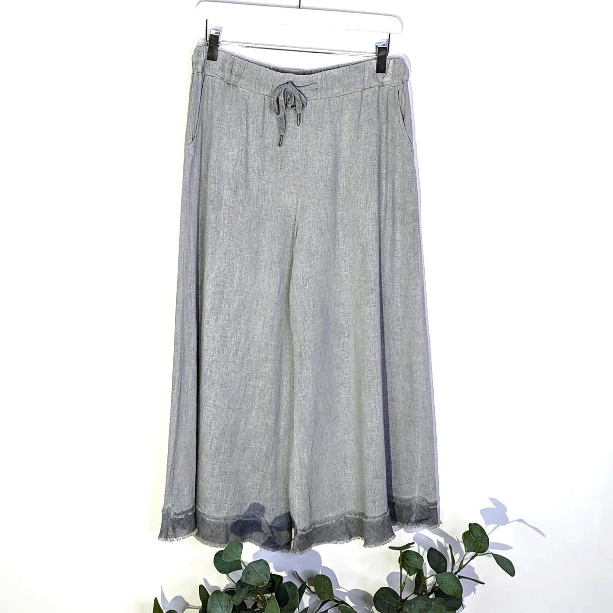 Linen viscose mix cropped straight leg vintage trousers with raw edge detail