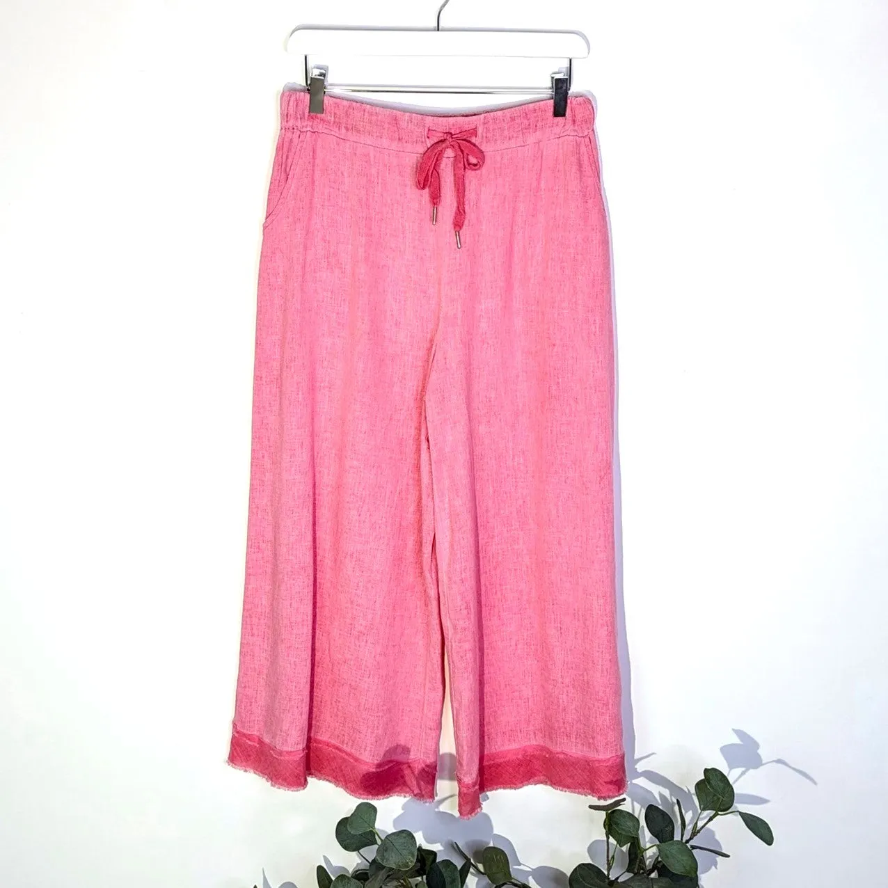 Linen viscose mix cropped straight leg vintage trousers with raw edge detail