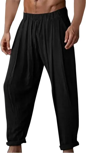 Mens Cotton Linen Pleated Pants Trendy Elastic Waist Trousers Summer Going Out Travel Casual Pant New Lounge Clothing