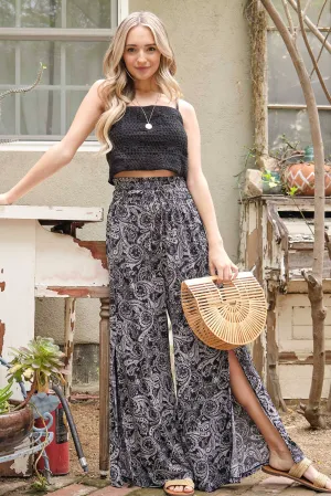 Printed Side Slit Smocked Waist Wide Pants