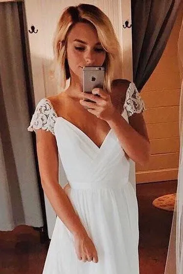 Simple A Line Chiffon Wedding Dresses Cap Sleeve V Neck Bohemian Beach Bridal Gowns
