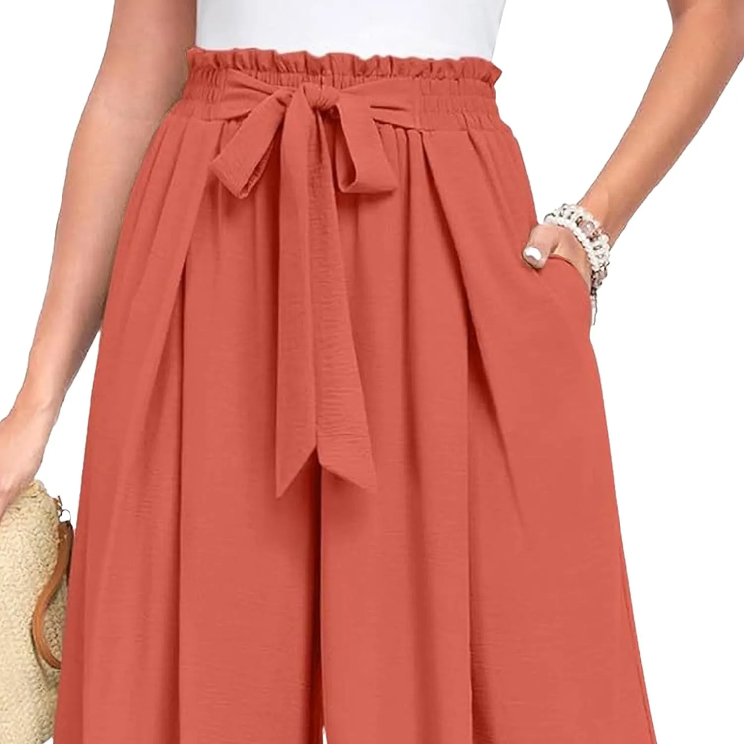 Spring Summer Women's High Waist Flared Pants Bow Loose Pleated Wide Leg Pants Belt Casual Trousers