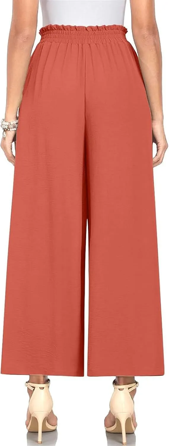 Spring Summer Women's High Waist Flared Pants Bow Loose Pleated Wide Leg Pants Belt Casual Trousers