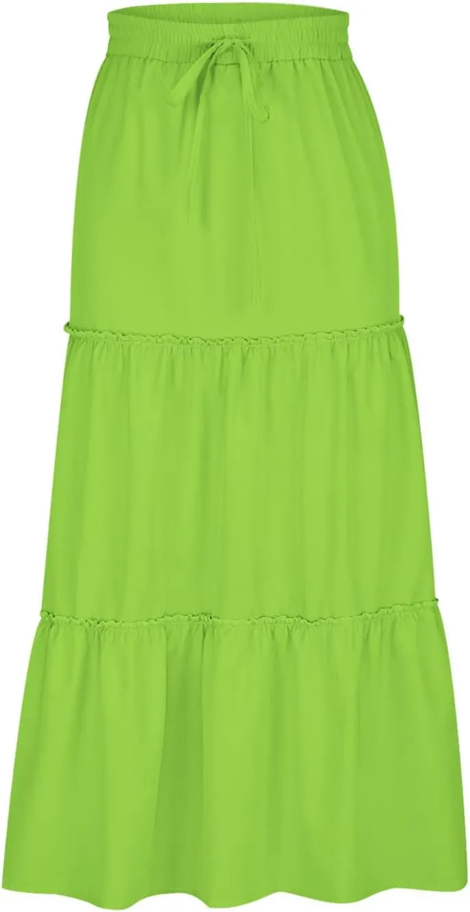 Summer Basic Midi Skirt for Women Layered Ruffle Flowy A-Line Skirts Drawstring Elastic High Waist Swing Beach Skirt
