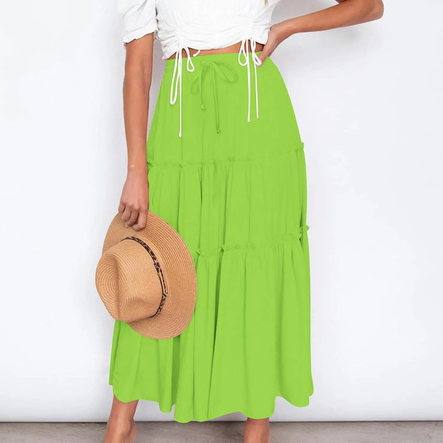 Summer Basic Midi Skirt for Women Layered Ruffle Flowy A-Line Skirts Drawstring Elastic High Waist Swing Beach Skirt