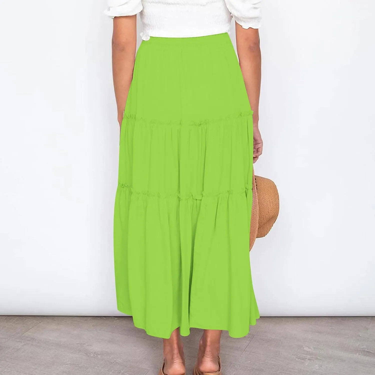 Summer Basic Midi Skirt for Women Layered Ruffle Flowy A-Line Skirts Drawstring Elastic High Waist Swing Beach Skirt
