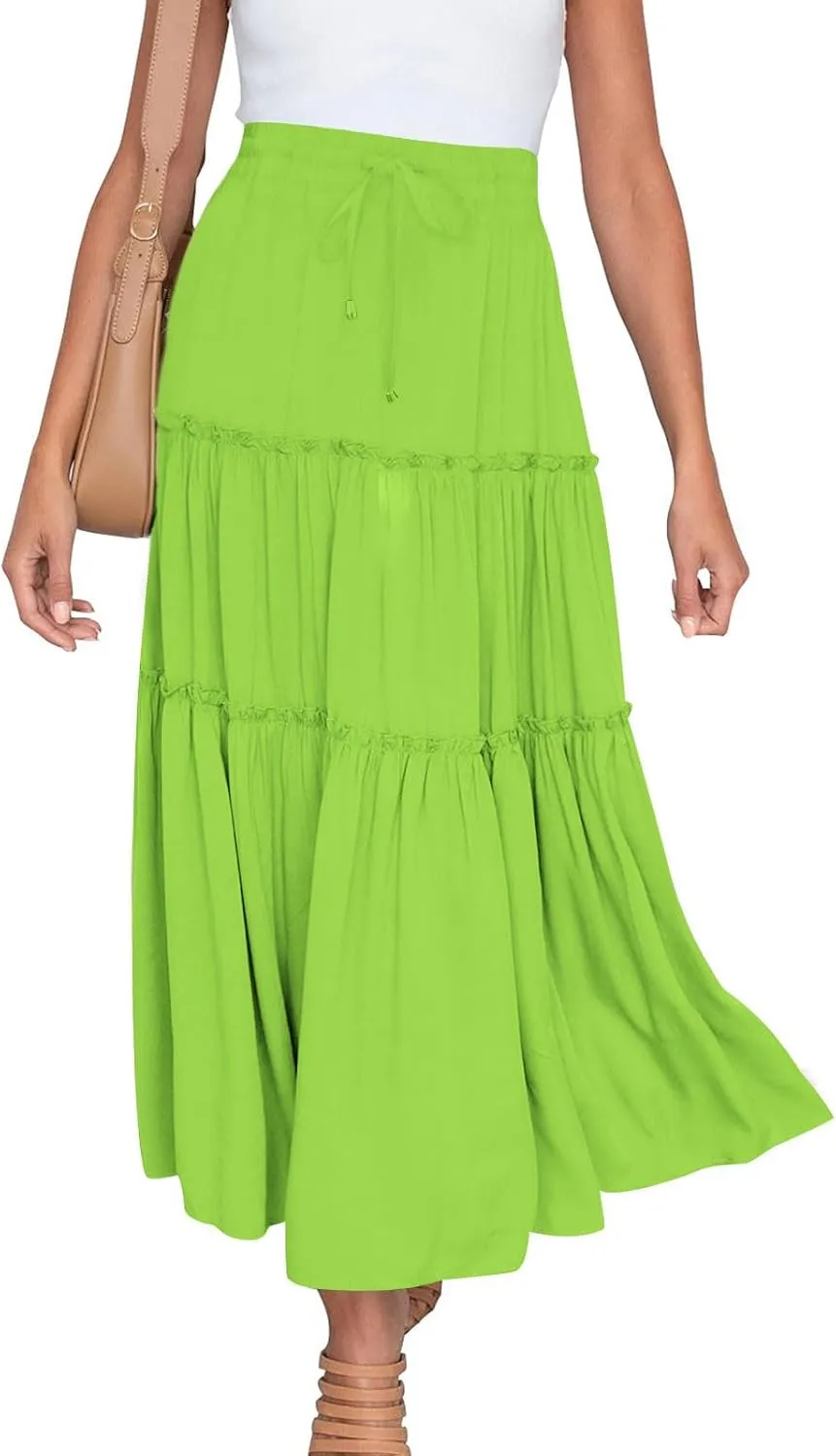 Summer Basic Midi Skirt for Women Layered Ruffle Flowy A-Line Skirts Drawstring Elastic High Waist Swing Beach Skirt