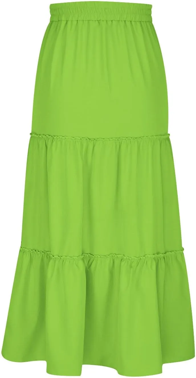 Summer Basic Midi Skirt for Women Layered Ruffle Flowy A-Line Skirts Drawstring Elastic High Waist Swing Beach Skirt