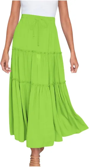 Summer Basic Midi Skirt for Women Layered Ruffle Flowy A-Line Skirts Drawstring Elastic High Waist Swing Beach Skirt