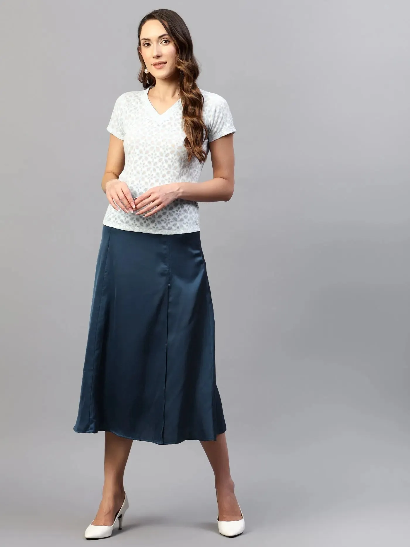 Teal Front Slit Midi A-Line Skirt | Elastic Waistband, Flared Hem