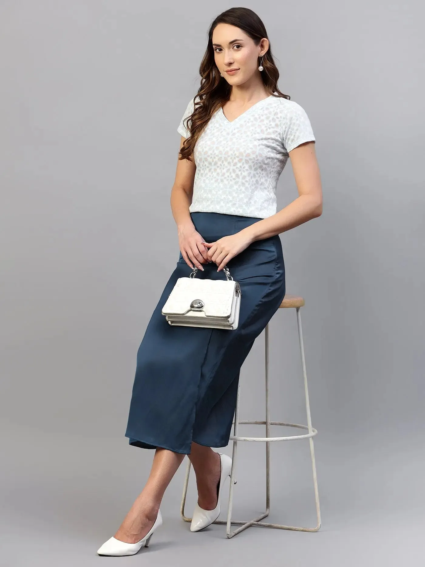 Teal Front Slit Midi A-Line Skirt | Elastic Waistband, Flared Hem