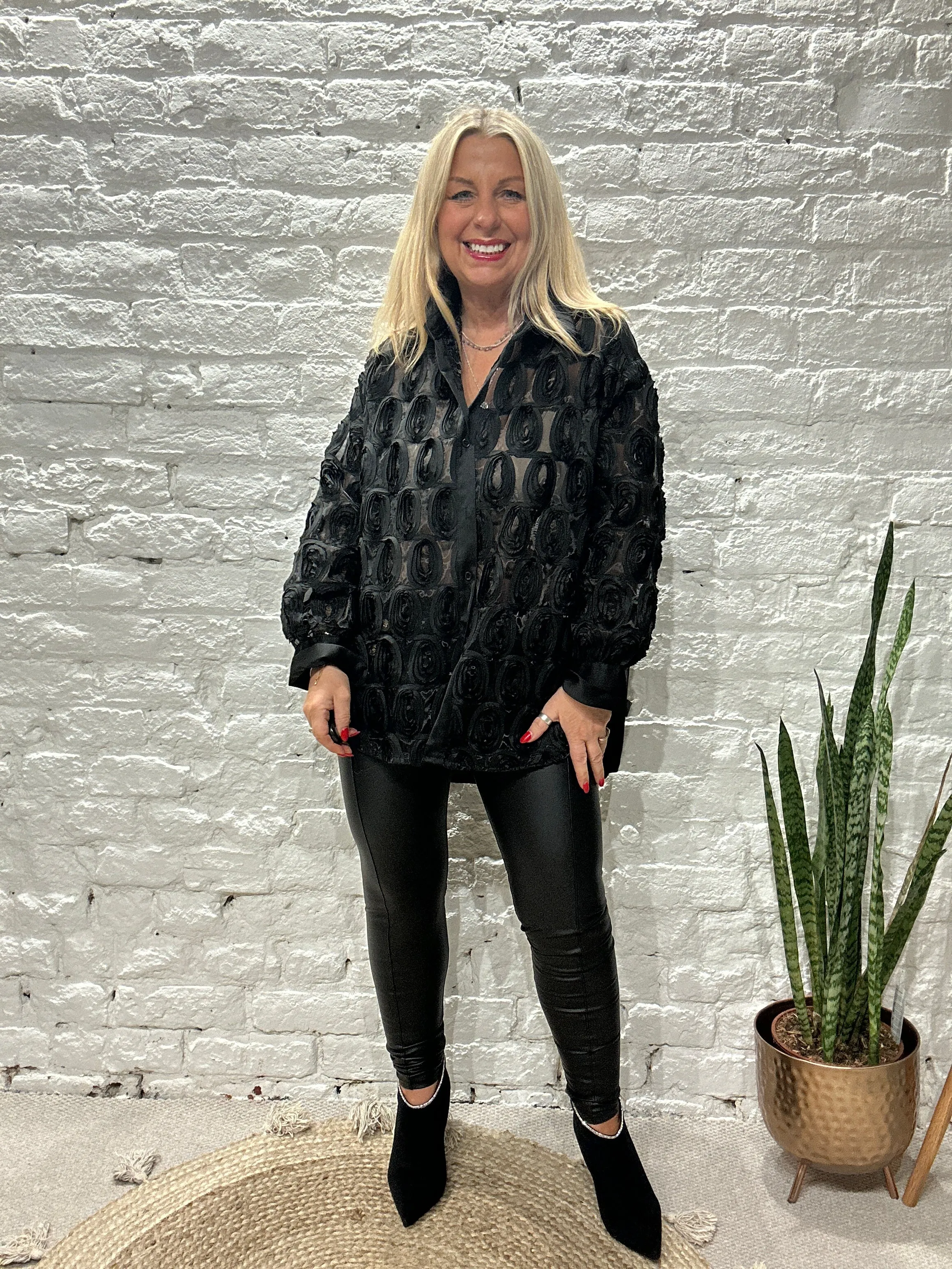 The Zeta Otto Rosette Button Through Shirt With sheer Front Adorned with Pretty Rosettes