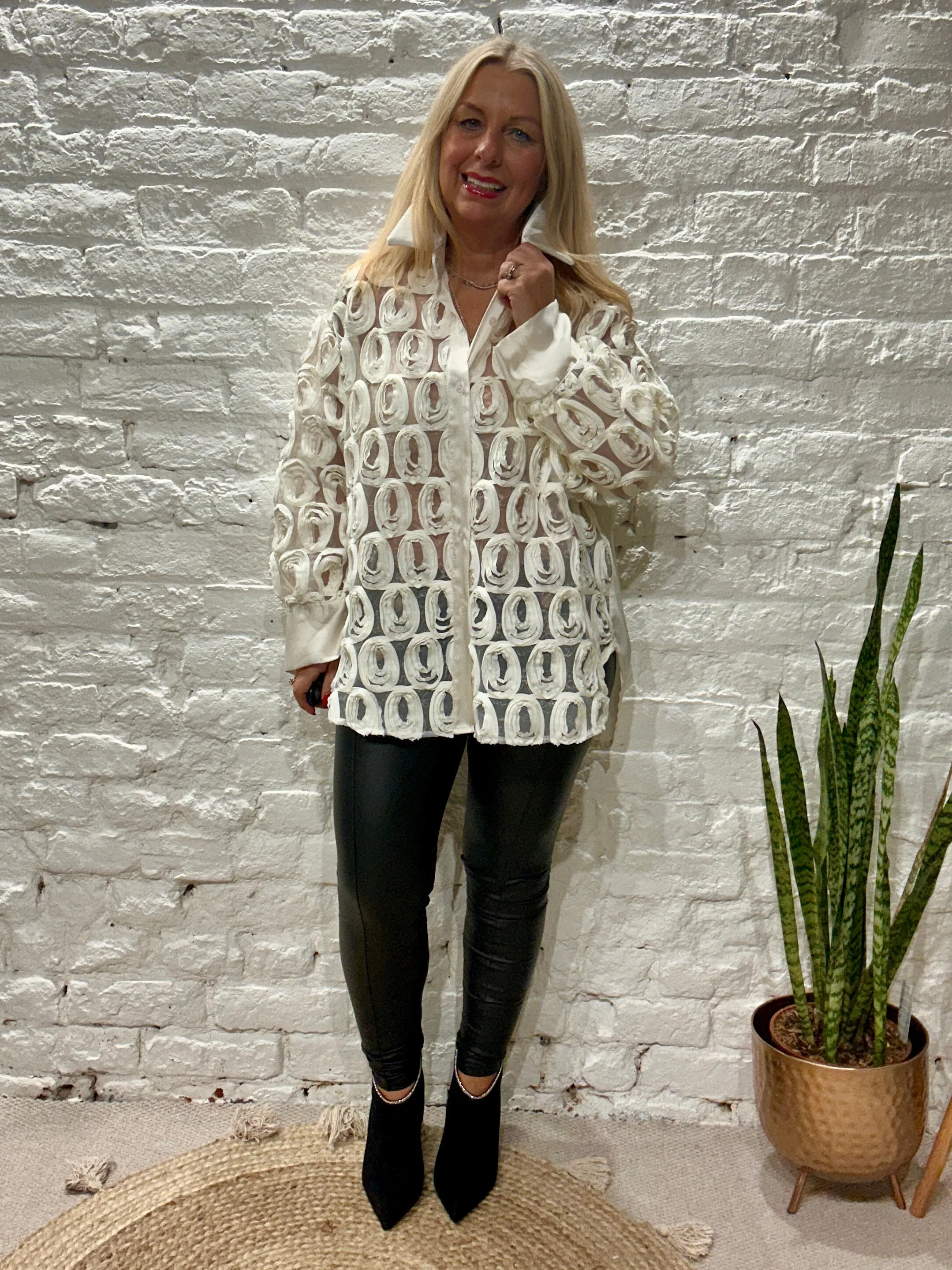 The Zeta Otto Rosette Button Through Shirt With sheer Front Adorned with Pretty Rosettes