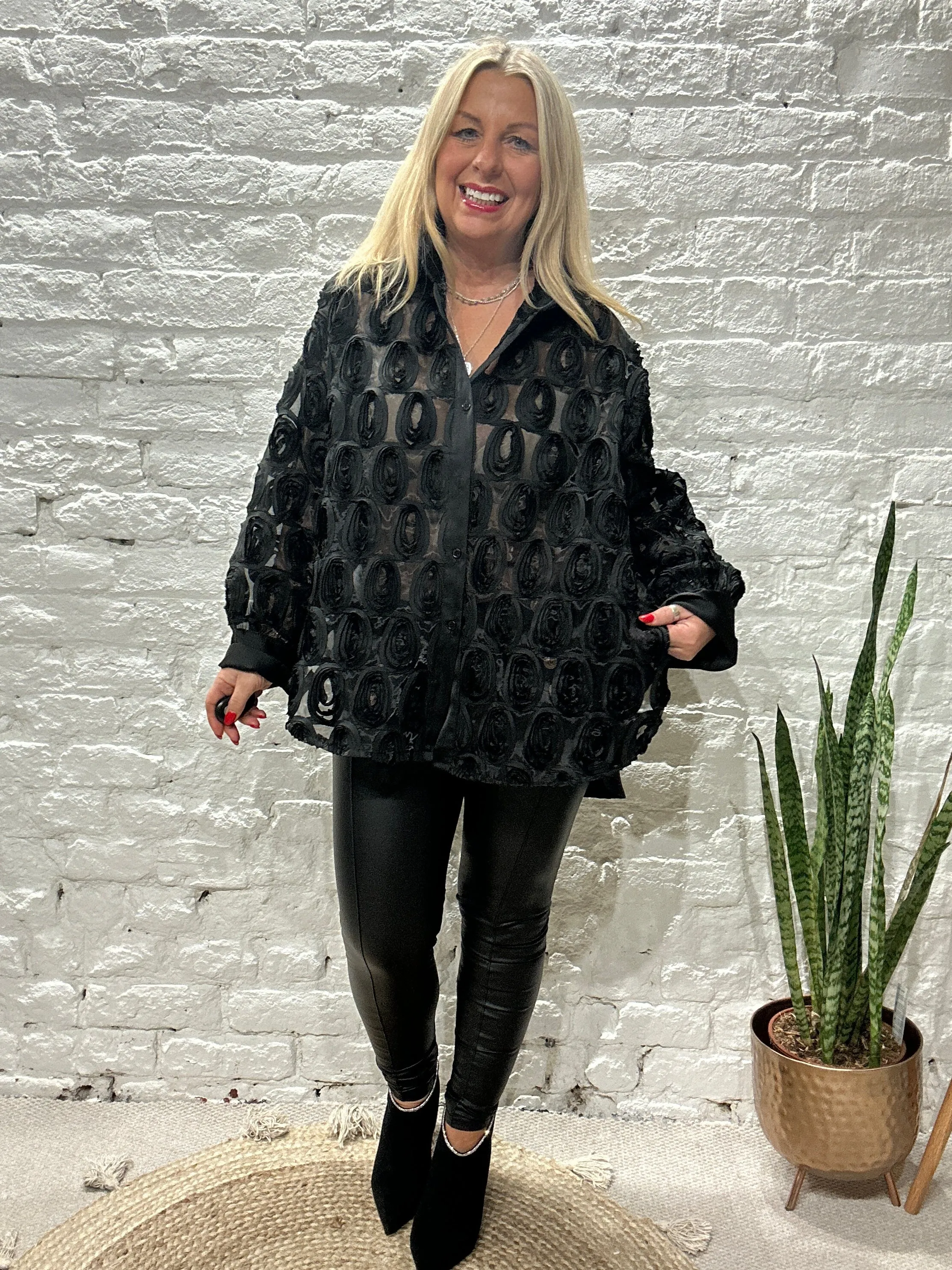 The Zeta Otto Rosette Button Through Shirt With sheer Front Adorned with Pretty Rosettes