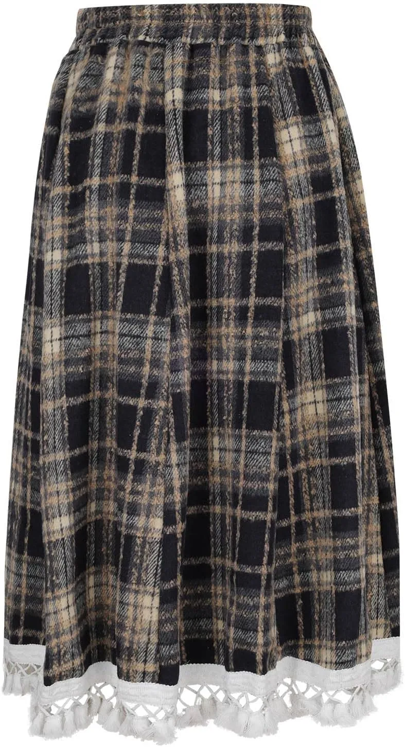 Vintage Plaid Woolen A-Line Skirt for Women Elastic High Waist Fringed Hem Midi Skirts Casual Swing Pleated Skirt