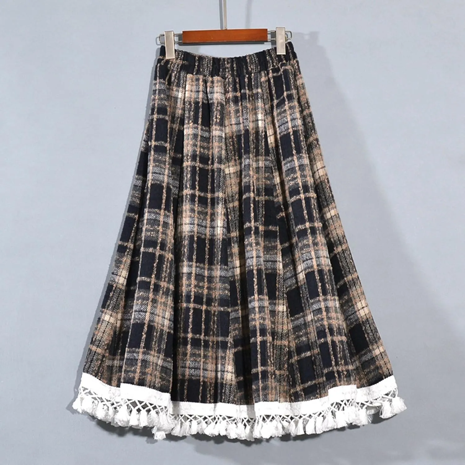 Vintage Plaid Woolen A-Line Skirt for Women Elastic High Waist Fringed Hem Midi Skirts Casual Swing Pleated Skirt