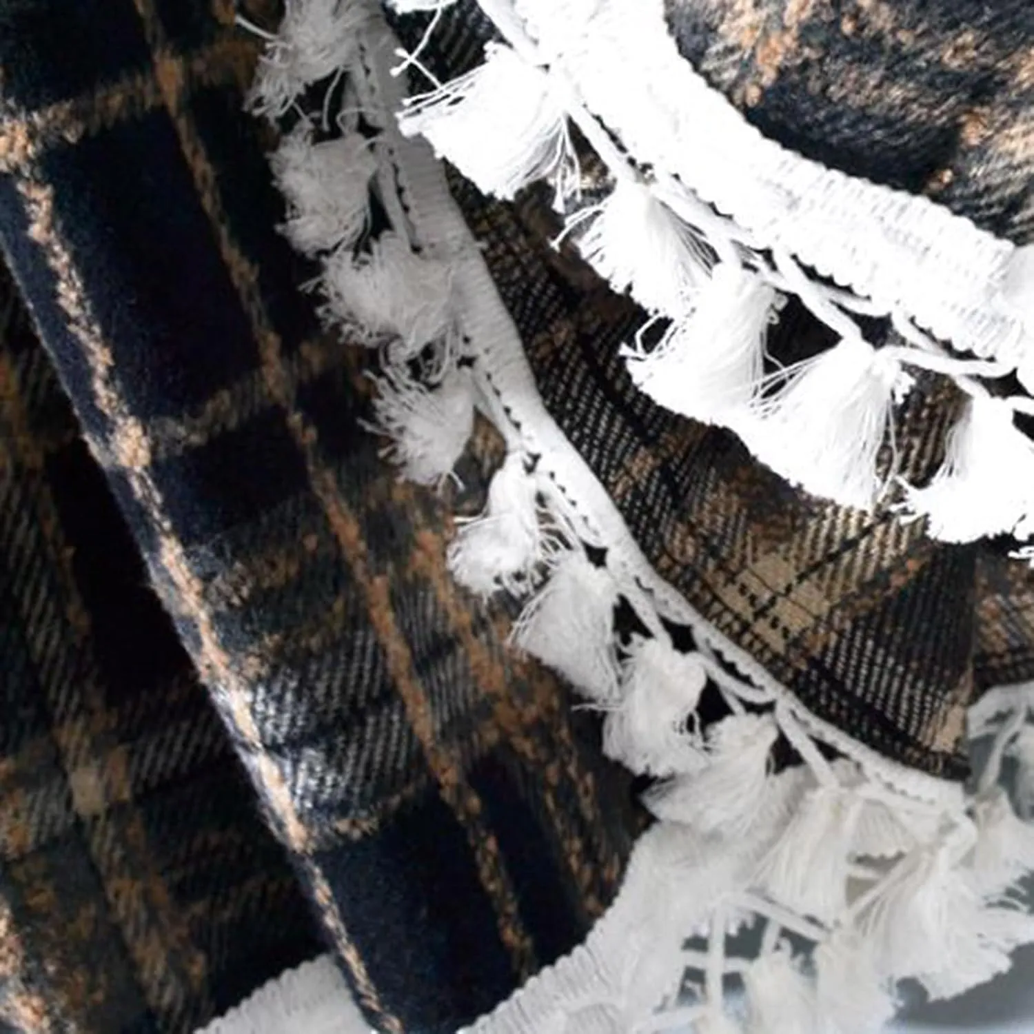 Vintage Plaid Woolen A-Line Skirt for Women Elastic High Waist Fringed Hem Midi Skirts Casual Swing Pleated Skirt