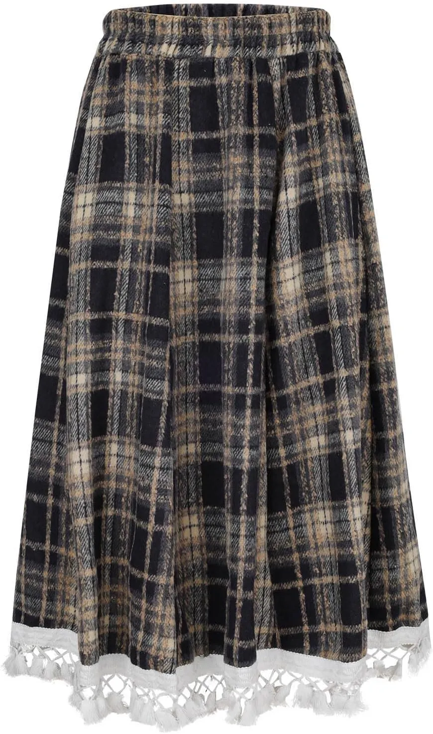 Vintage Plaid Woolen A-Line Skirt for Women Elastic High Waist Fringed Hem Midi Skirts Casual Swing Pleated Skirt