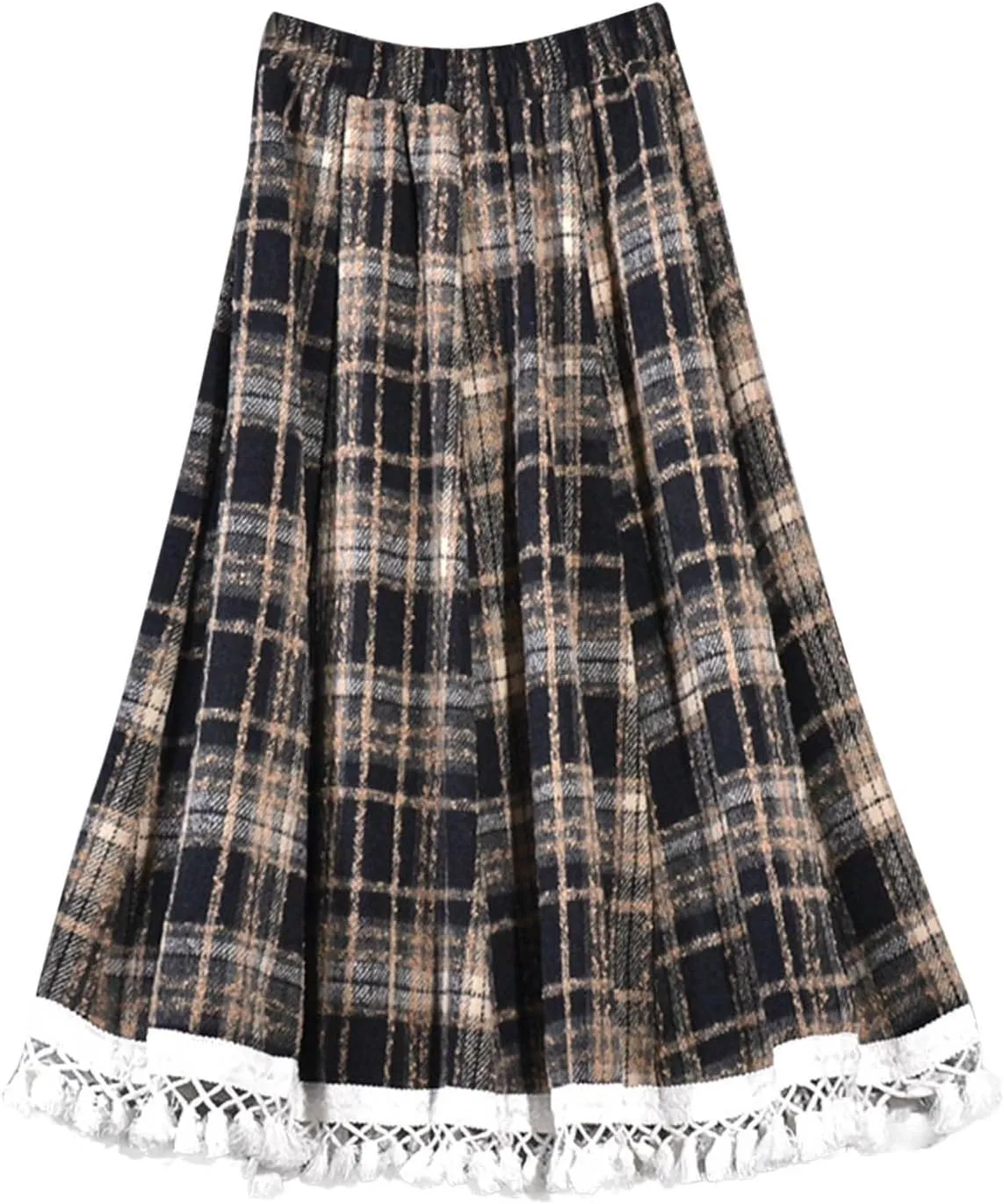 Vintage Plaid Woolen A-Line Skirt for Women Elastic High Waist Fringed Hem Midi Skirts Casual Swing Pleated Skirt
