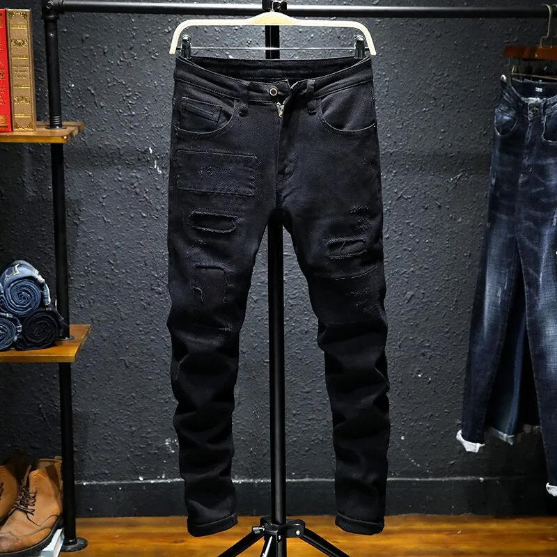 West Louis Black Patchwork Stretch Hip Hop Denim Jean Pants