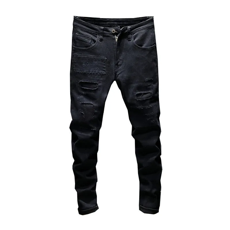 West Louis Black Patchwork Stretch Hip Hop Denim Jean Pants