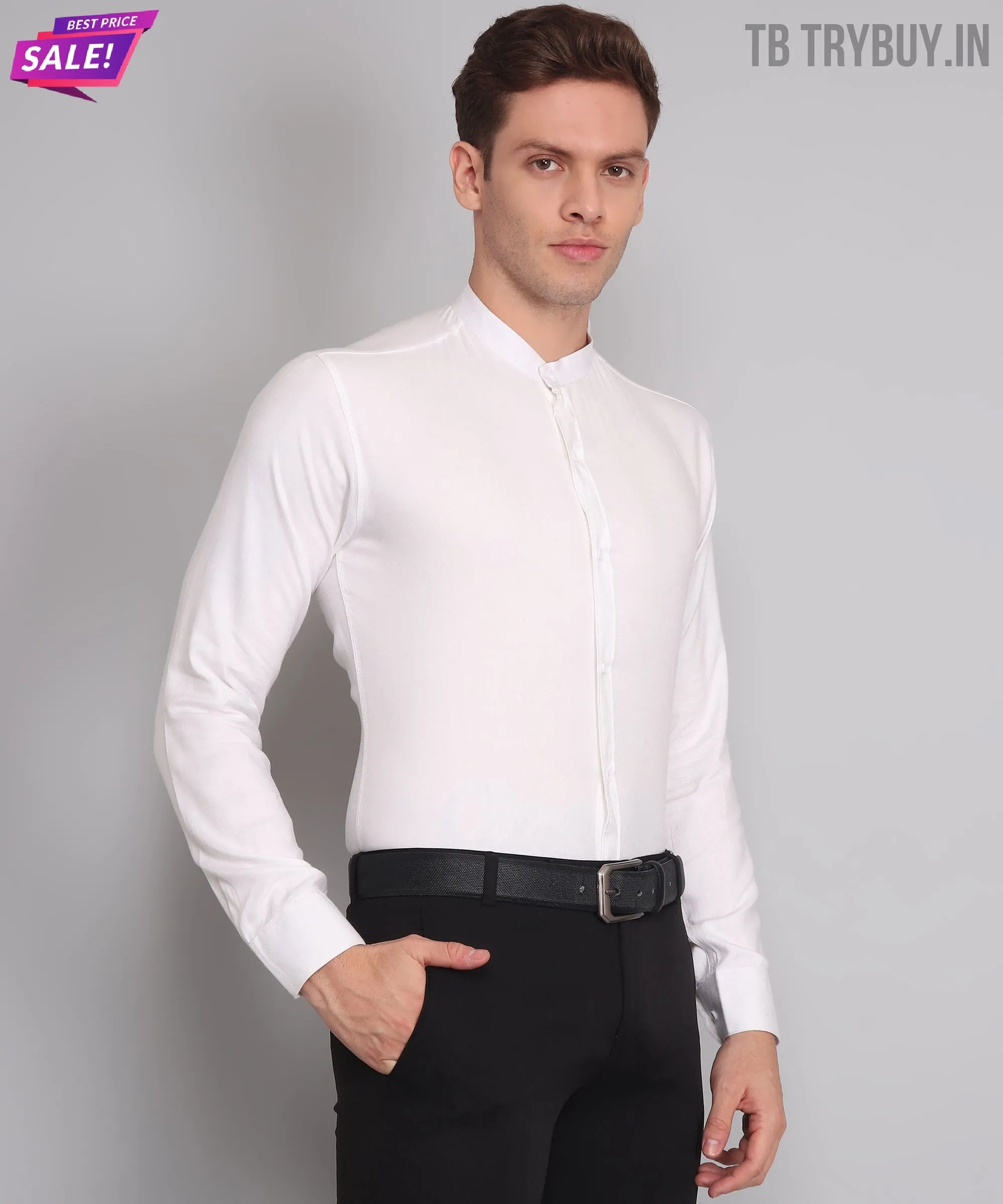 White Cotton Mandarin Men's Shirt
