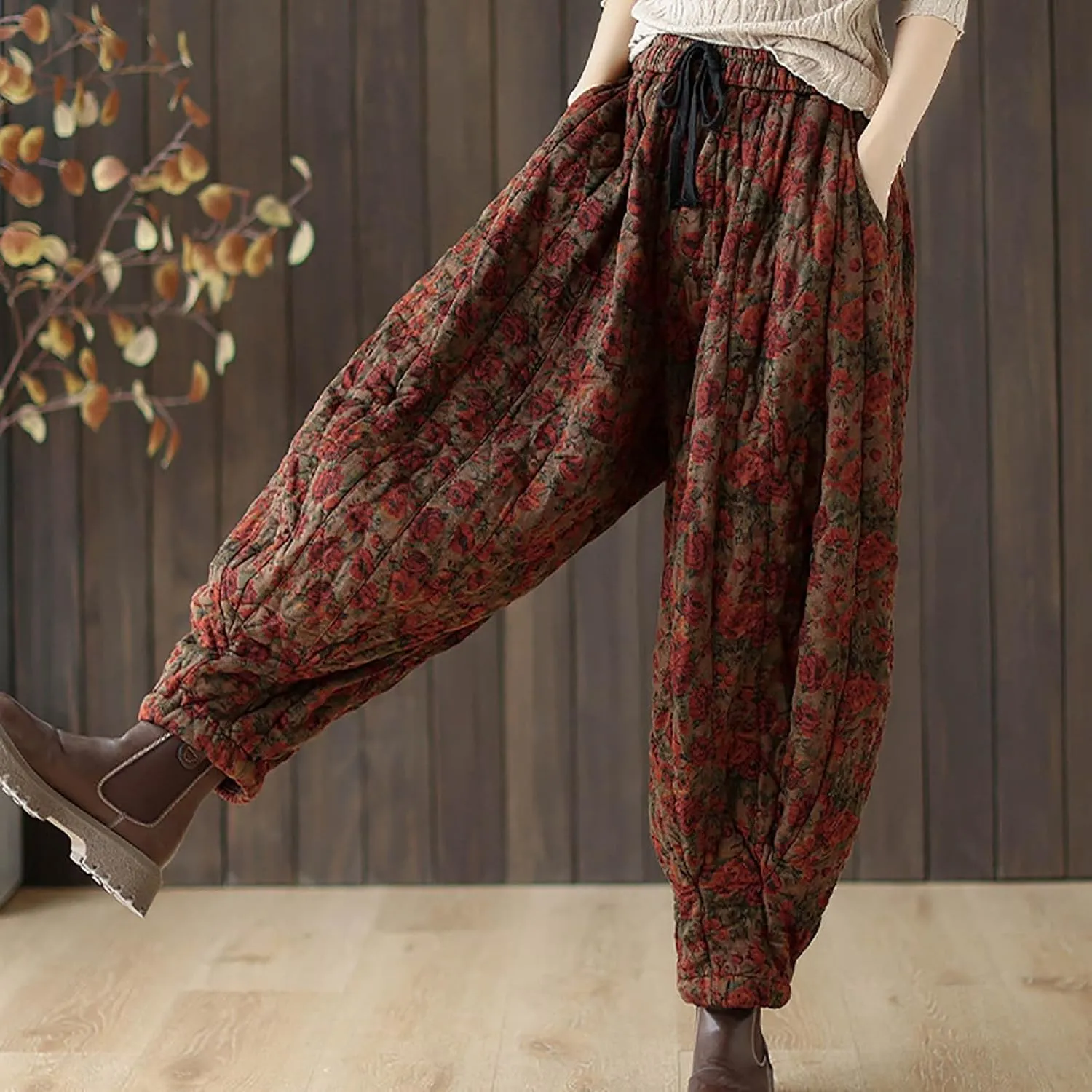 Women's Baggy Harem Pants Vintage Floral Print Casual Elastic Waist Pleated Trousers Trendy Hip-Hop Winter Warm Pant