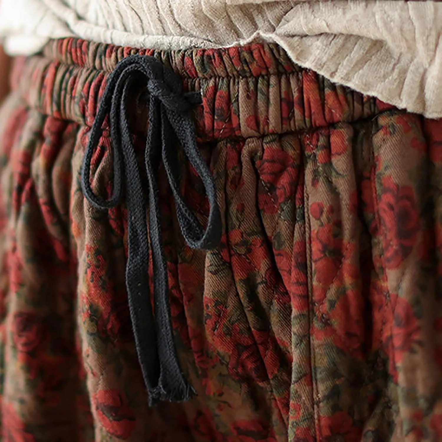 Women's Baggy Harem Pants Vintage Floral Print Casual Elastic Waist Pleated Trousers Trendy Hip-Hop Winter Warm Pant