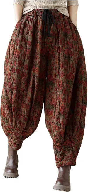 Women's Baggy Harem Pants Vintage Floral Print Casual Elastic Waist Pleated Trousers Trendy Hip-Hop Winter Warm Pant