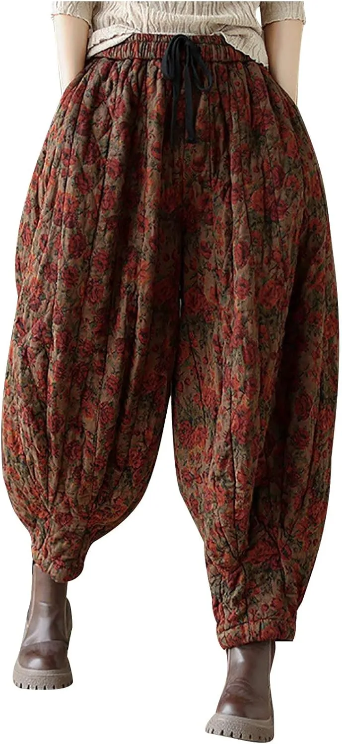 Women's Baggy Harem Pants Vintage Floral Print Casual Elastic Waist Pleated Trousers Trendy Hip-Hop Winter Warm Pant
